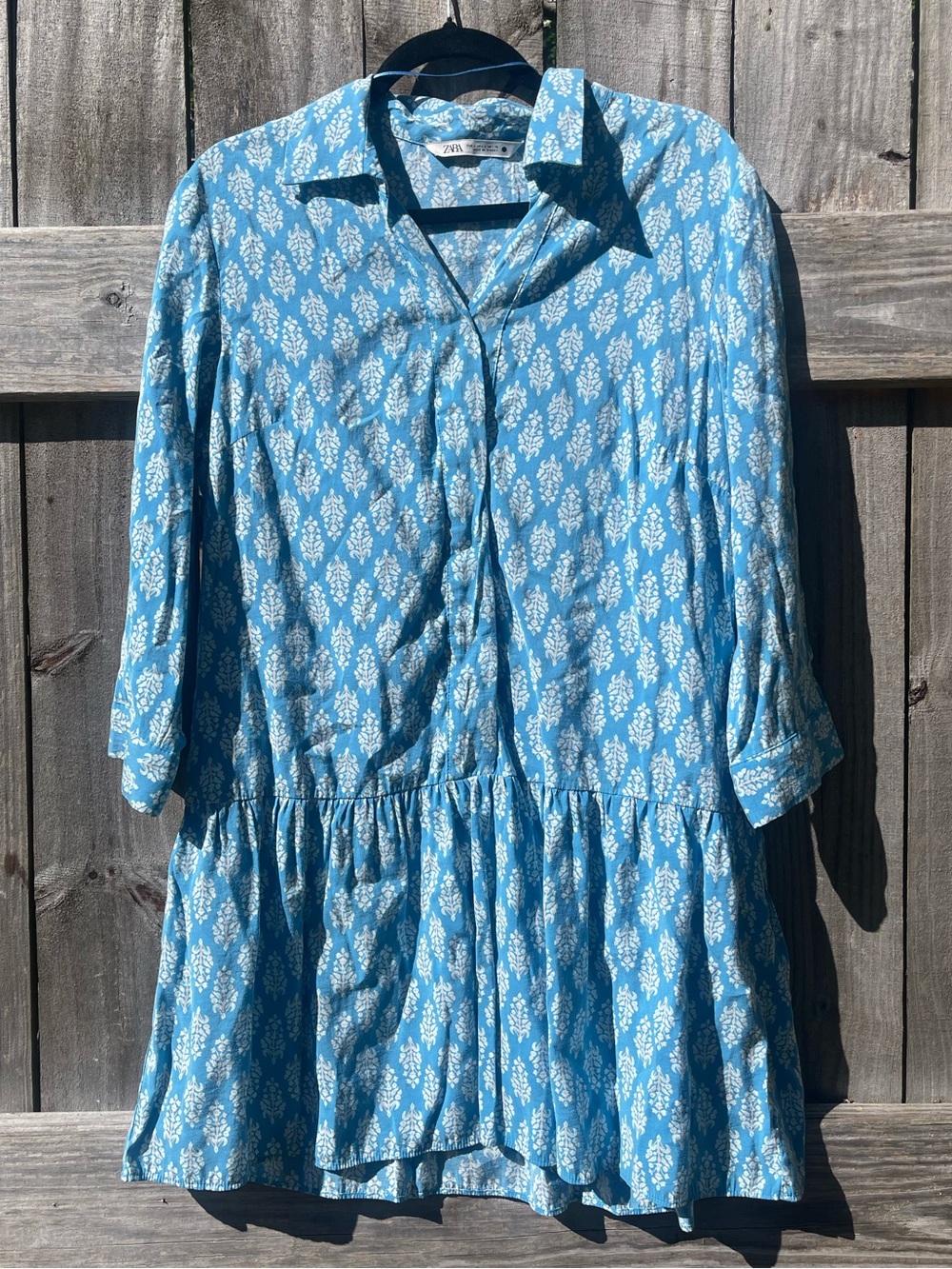 Zara Blue White Printed Button-Front Tiered Long Sleeve Dress Sz L